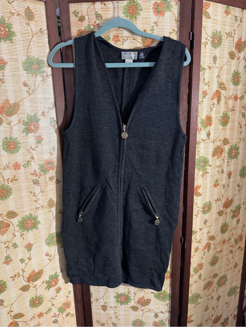 Vintage Merino Wool Nordstrom Charcoal Gray Sleeveless Zip-Up Dress or Duster